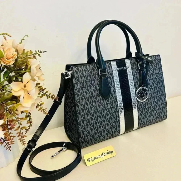 Michael Kors Purse Medium Sheila Signature Logo and Metallic Satchel Black - Picture 3 of 11